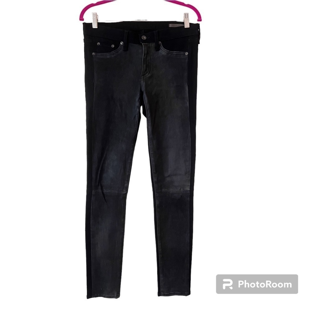 Rag & Bone Hyde Leather Denim Hobo Black Coal Skinny Ankle Jeans